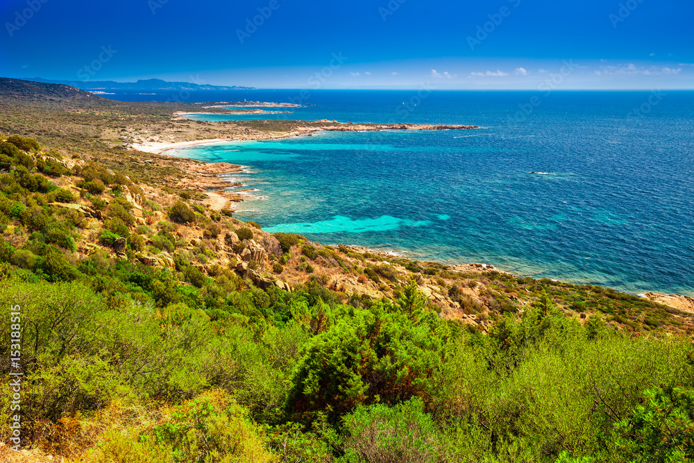 Stunning Corsica coastline with rocky beach and tourquise clear water near Ajaccio, Corsica, France, Europe.