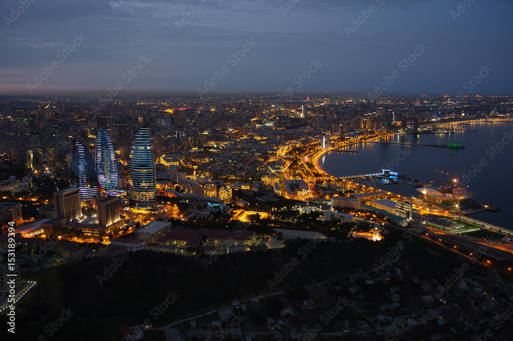Aerial view of Baku from television tower in twilight