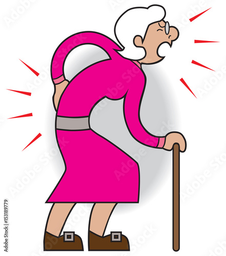 Older cartoon woman is suffering from various aches and pains