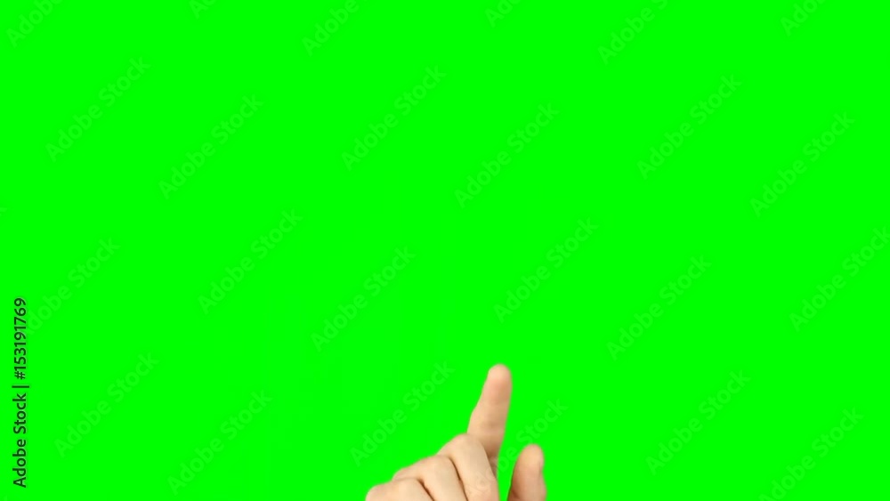 All gestures with 1 fingers front view green background. Multi touch gestures hand on green screen. Tap double-tap swipe slide up down right left hold drag pinch touch finger gestures. Have same back.