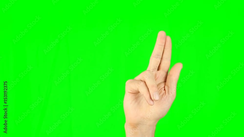 Gestures with 2 fingers front view green background. Tap double-tap swipe slide up down right left hold drag pinch touch finger gestures. Multi touch gestures hand on green screen. Have back view too.