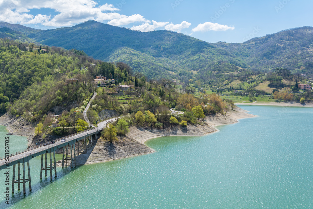 Bridge on the Turano lake leading to Castel di Tora, Rieti Province.