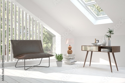 White room with armchair and green landscape in window. Scandinavian interior design. 3D illustration