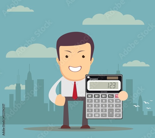 Cartoon businessman or accountant is showing an electronic desktop calculator with copy space on display. Use as business presentation, financial report or advertisement design