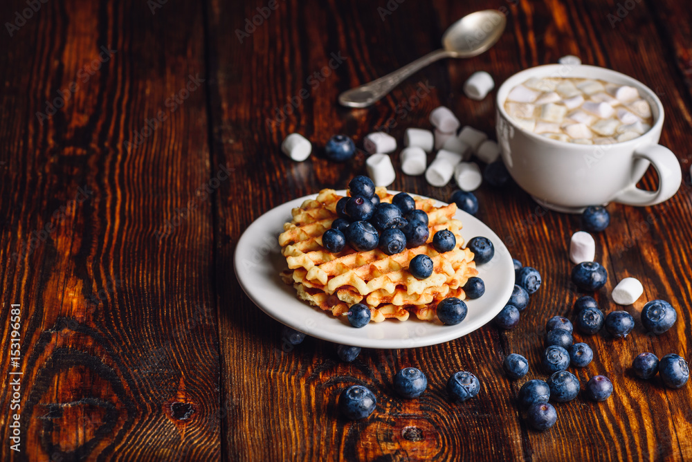 Waffles with Blueberry and Hot Chocolate and Marshmallow.