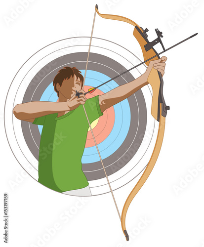 archery male archer with bow and arrow aiming high with target behind on white background