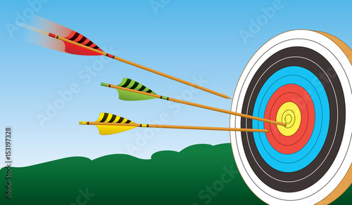 archery arrows in motion piercing target with outdoors in background