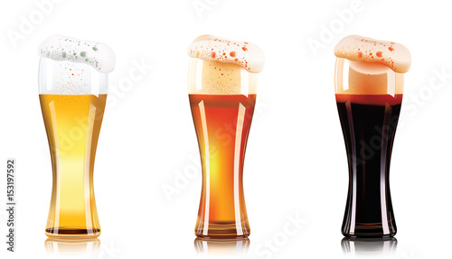 Vector Set of different types of beer in glasses isolated on white background. Craft beer, dark beer and light beer.
