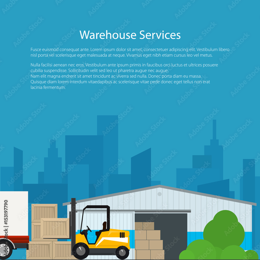 Flyer Warehouse Services ,Warehouse with Forklift Truck on the Background of the City, Transportation and Cargo Services and Storage, Brochure Poster Design, Vector Illustration