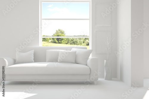 White room with sofa and green landscape in window. Scandinavian interior design. 3D illustration