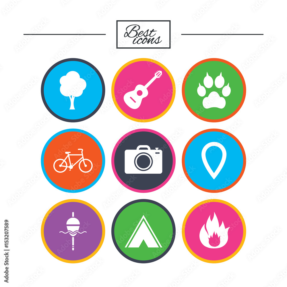 Tourism, camping icons. Fishing, fire and bike.