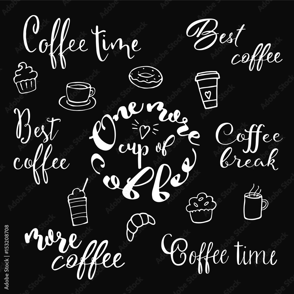 Coffee theme lettering and doodles. Coffee cup, muffin, donut, cupcake, croissant illustrations in one big set with hand drawn lettering. Coffee theme lettering and doodles. Coffee cup, muffin, donut, cupcake, croissant illustrations in one big set with hand drawn lettering.