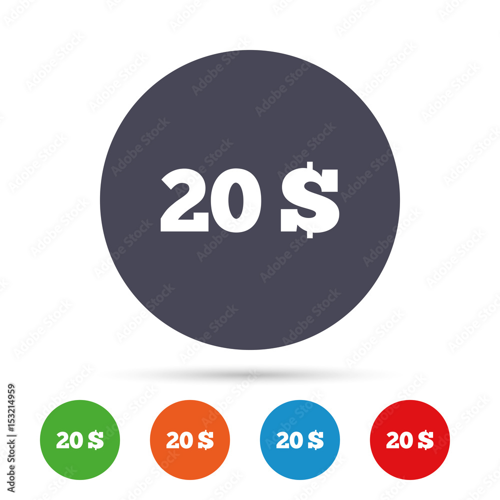 20 Dollars sign icon. USD currency symbol. 20 Dollars sign icon. USD currency symbol.