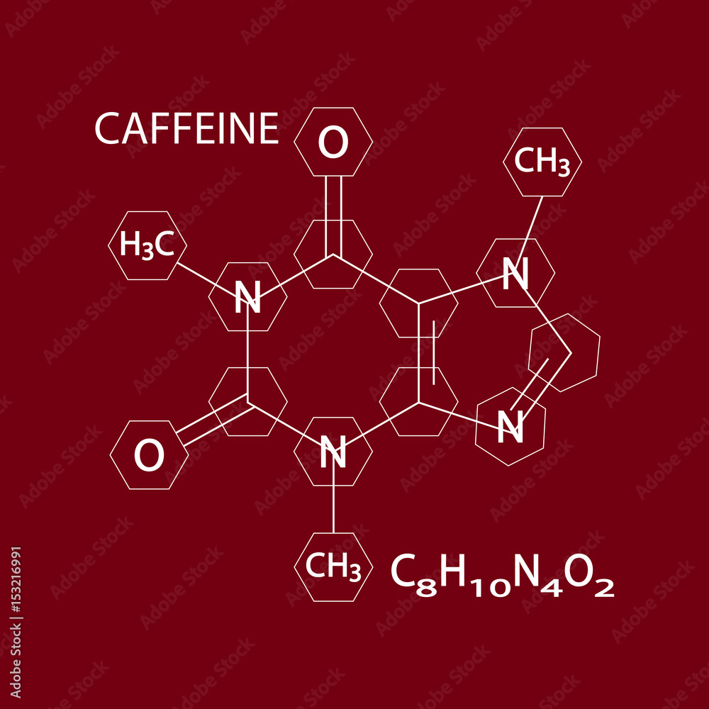 Caffeine Stimulant Molecule. Icon Symbol Design. Vector illustration isolated on brown background. Flat icon for apps and websites Caffeine Stimulant Molecule. Icon Symbol Design. Vector illustration isolated on brown background. Flat icon for apps and websites