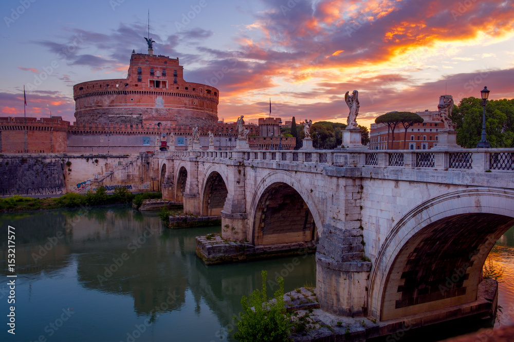 Scenic view of Castle of St. Angelo in Rome at sunrise Scenic view of Castle of St. Angelo in Rome at sunrise