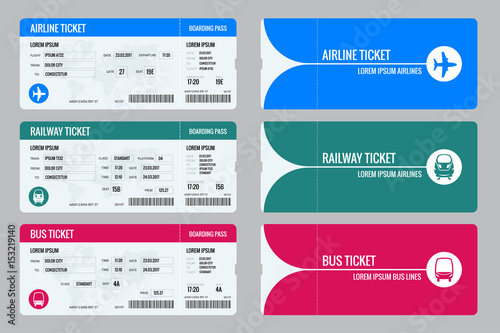 Set of tickets airplane, bus and train. Travel around the world and countries. Recreation and entertainment. Business trip. Vector isometric illustration. Isolated on white background. Vector design