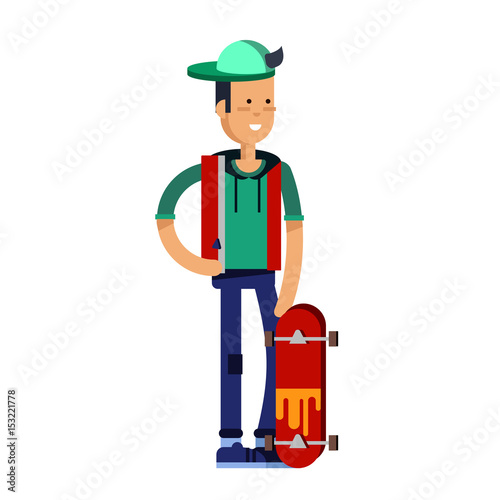 Cool vector hipster man character riding longboard