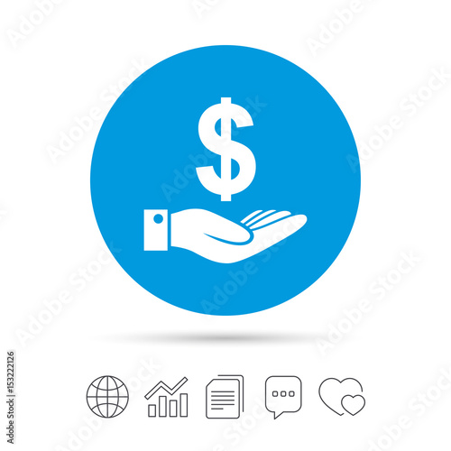 Dollar and hand sign. Palm holds money USD.