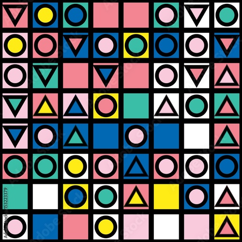 Decorative geometric shapes tiling. Multicolor irregular pattern.  Abstract colorful background. Artistic decorative ornamental lattice