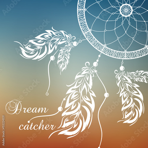 Vector dream catcher. Sunset background.