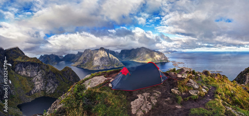 Tent on top of Reinebringen, Lofoten Islands,Northern Norway. Wild camping