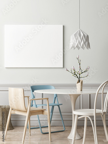 Billede på lærred Interior concept of dinning room with white poster, 3d illustration