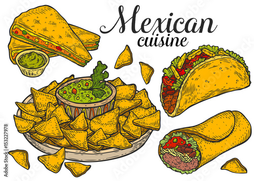 Mexican traditional food vector hand drawn illustration set, menu label, banner poster identity, branding. Stylish design with sketch illustration of Mexican cuisine sketch. Isolated on white.