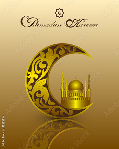 Islam Ramadan Kareem template with gold pattern for greeting card, invitation . Moon, a mosque, a traditional Muslim symbols in the holy month. Vector illustration.