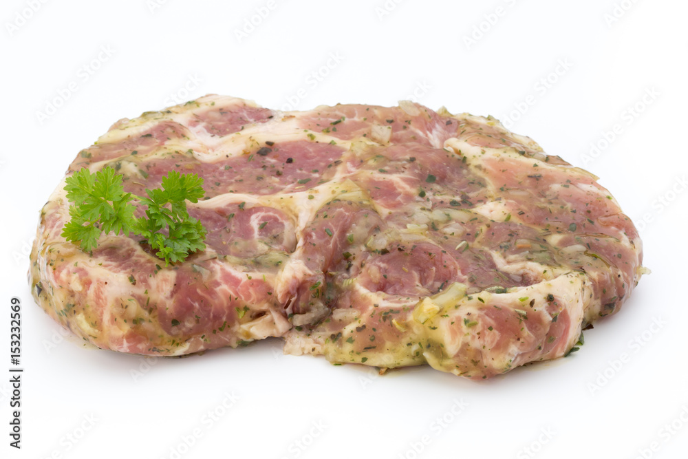 Pork chop, marinated. Isolated on the white background. Pork chop, marinated. Isolated on the white background.