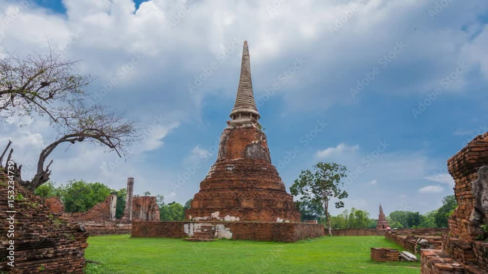4k Time-lapse panning of Ruins of Wat Mahathat temple in Ayutthaya historical park, Thailand