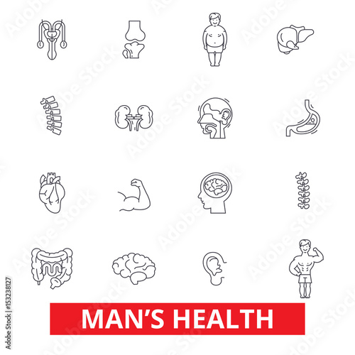Mens health, healthy fitness lifestyle, active sport man, urology, cardiology line icons. Editable strokes. Flat design vector illustration symbol concept. Linear signs isolated on white background