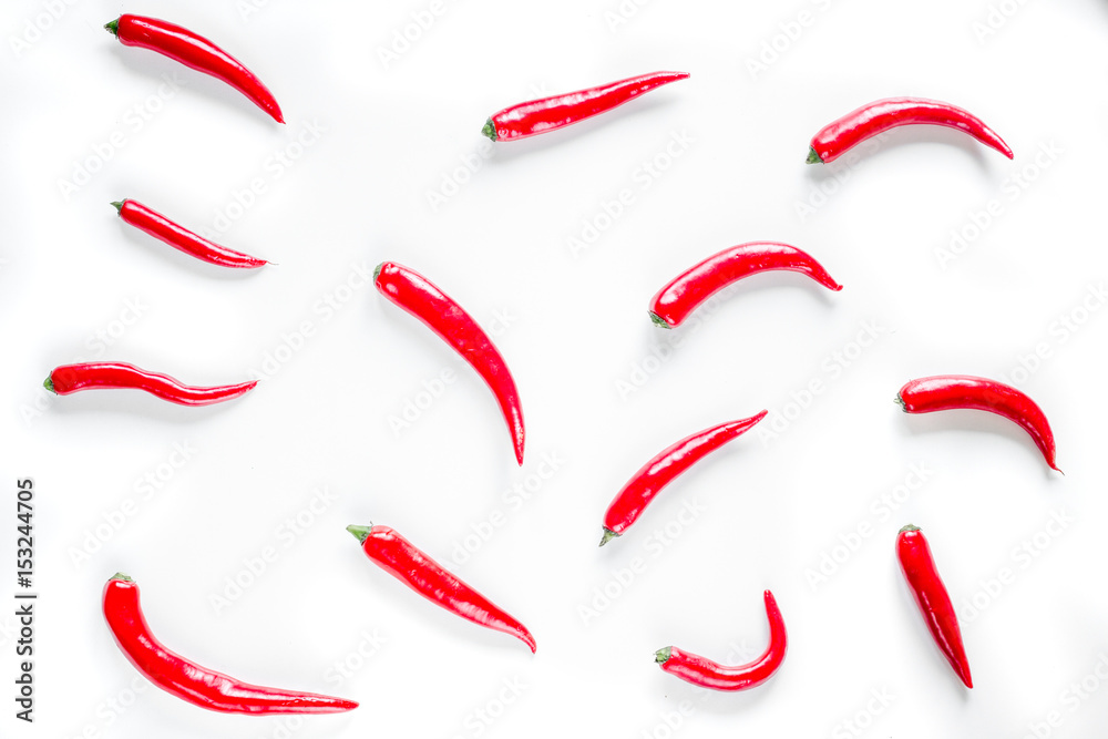 hot food with red chili on white table background top view pattern hot food with red chili on white table background top view pattern