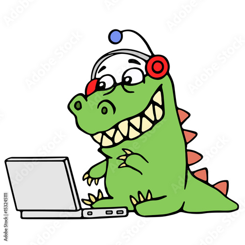 Cartoon green dinosaur sitting at the silver laptop. Vector illustration.