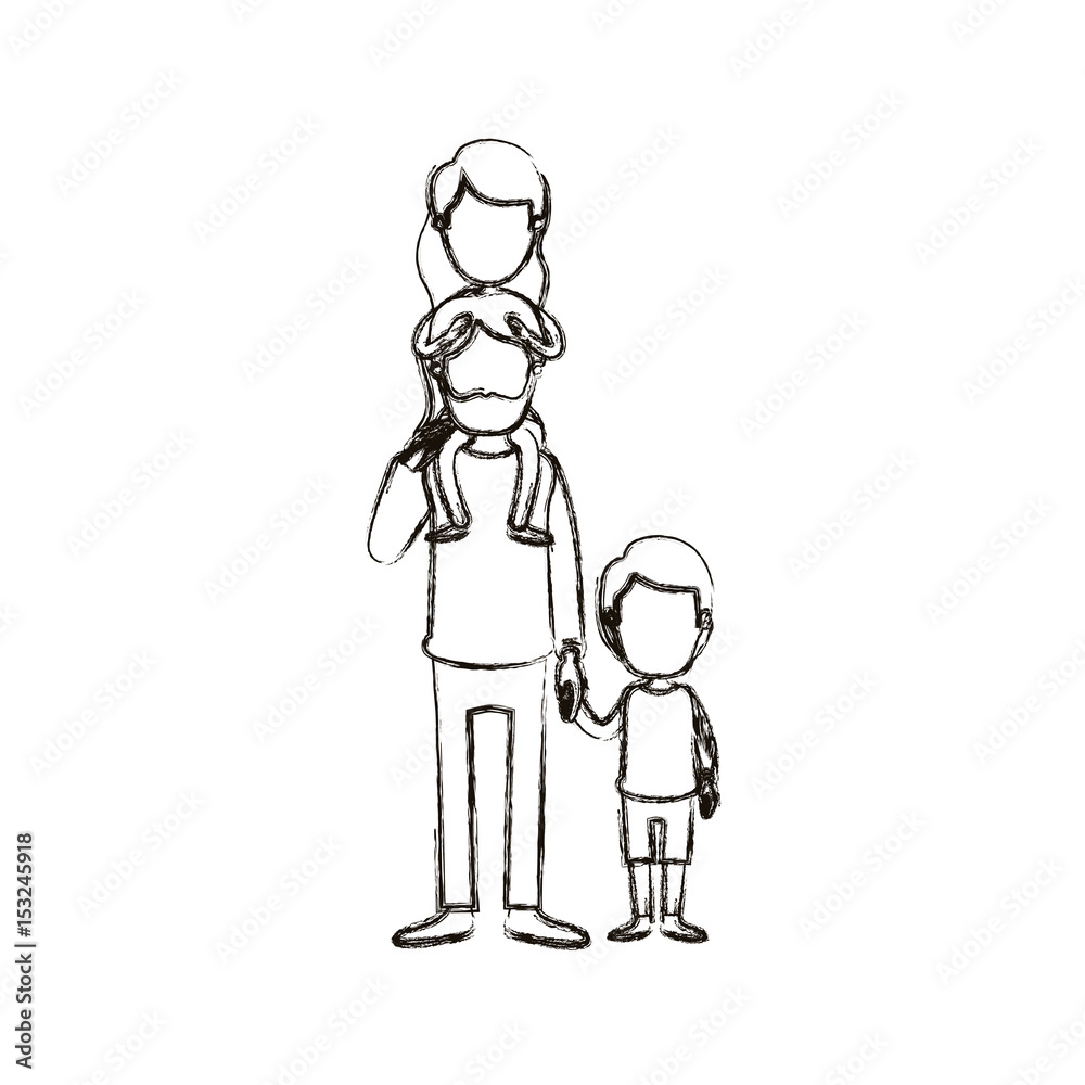 blurred silhouette caricature faceless bearded father with girl on his back and boy taken hands vector illustration blurred silhouette caricature faceless bearded father with girl on his back and boy taken hands vector illustration