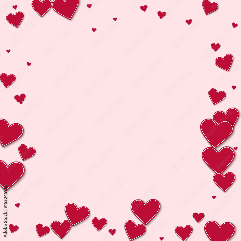 Cutout red paper hearts. Chaotic border on light pink background. Vector illustration.