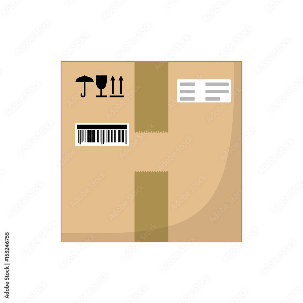 Brown closed with adhesive scotch tape carton delivery packaging box with fragile signs isolated on white background. Vector illustration. Brown closed with adhesive scotch tape carton delivery packaging box with fragile signs isolated on white background. Vector illustration.