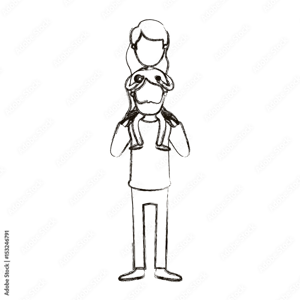 blurred silhouette caricature faceless bearded father with girl on his back vector illustration