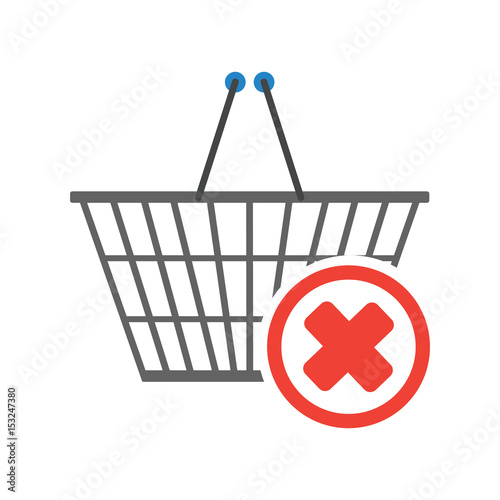 Chrome plated wire metal square empty shopping basket with negative check mark sign in circle in the corner. Sign of removal or negative choice. Concept of sign in shopping app. Vector illustration