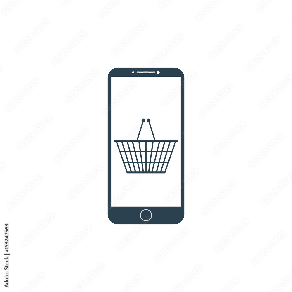 Smartphone with shopping basket on the screen. Mobile phone shopping or online shopping with cart flat icon for apps and websites. Vector illustration Smartphone with shopping basket on the screen. Mobile phone shopping or online shopping with cart flat icon for apps and websites. Vector illustration