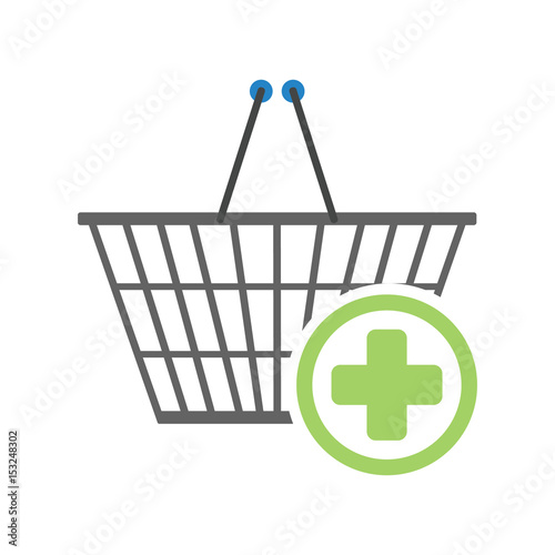 Chrome plated wire metal square empty shopping basket with green plus sign in circle in the corner. Sign of add. Concept of sign in shopping app. Vector illustration