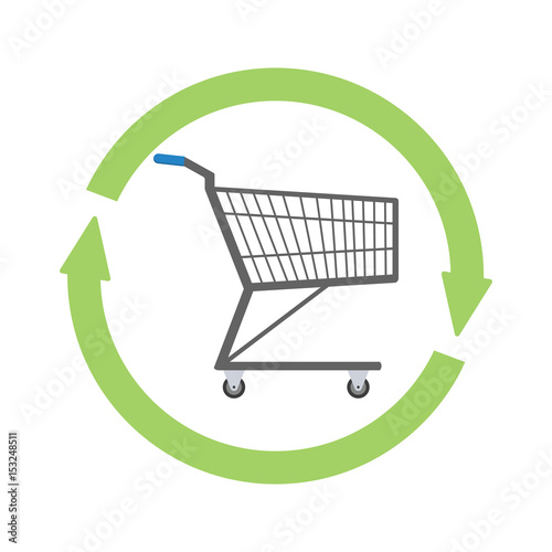 Chrome plated wire metal empty shopping trolley with circle arrow sign of refresh. Concept of sign in shopping app. Vector illustration