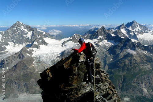 Climber on his way to Matterhorn's summit through Hornli ridge, Zermatt, Switzerland