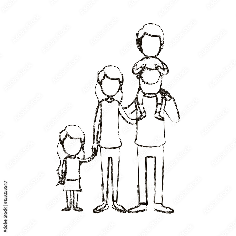 blurred silhouette caricature faceless big family parents with boy on his back and daugther taken hands vector illustration blurred silhouette caricature faceless big family parents with boy on his back and daugther taken hands vector illustration