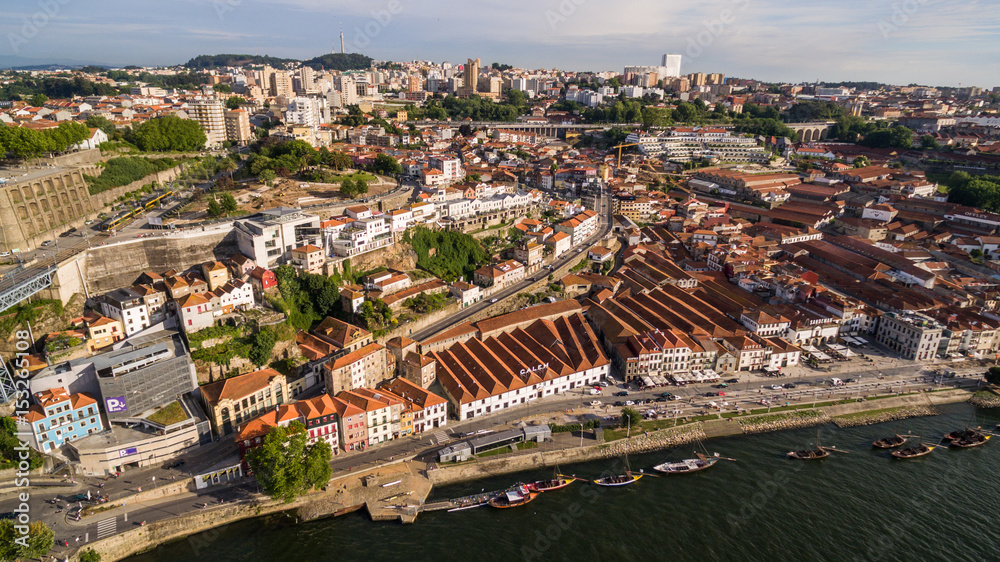 Aerial view of boats carrying wine in Porto Portugal, 17 july 2017.