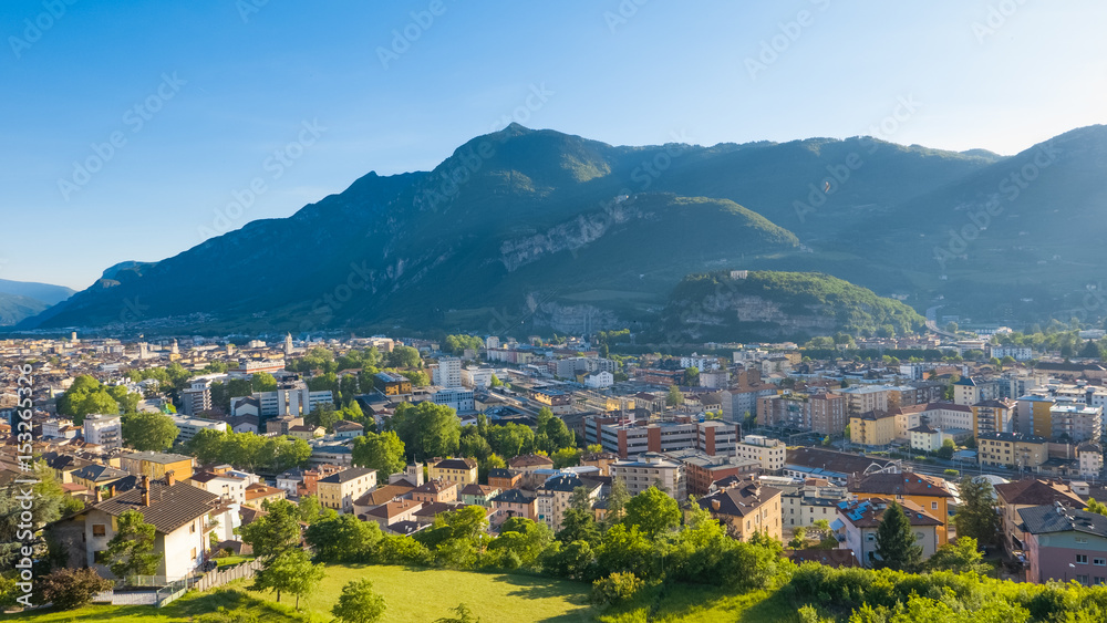 Cityskape of mountain town in Italy during sunset