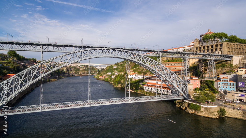 Aerial view over Porto's old town, Ribeira, Duoro river the and the Porto Bridge (Luiz I Bridge), 17 May 2017.