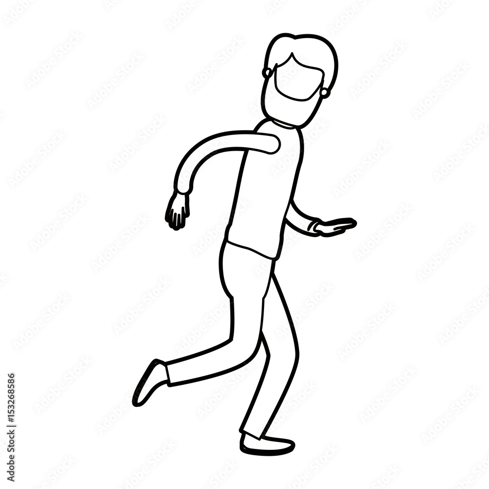 black thick contour caricature faceless full body man with beard and moustache running vector illustration