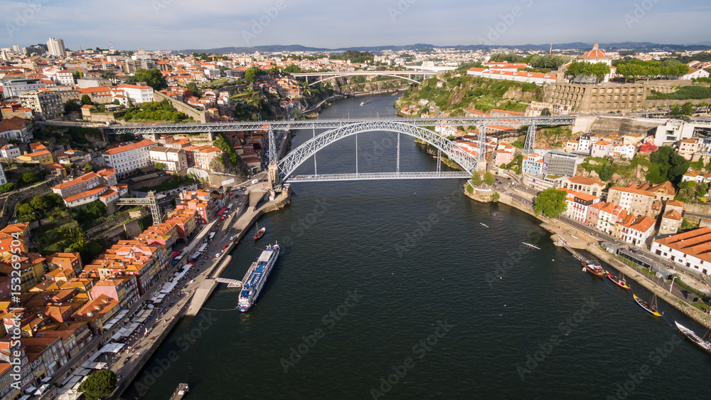 Aerial view of Porto old town and bridge dom luis I over Douro river, Portugal