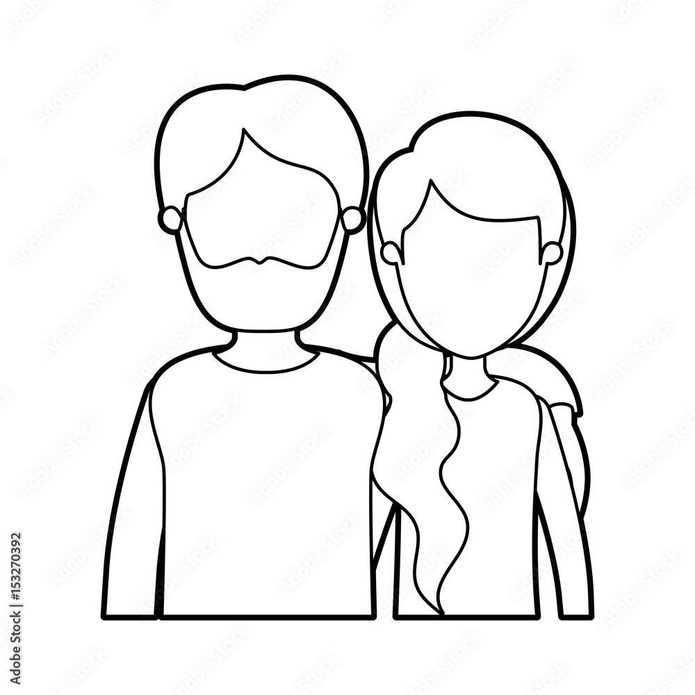black thick contour caricature faceless half body couple woman with ponytail side hair and bearded man vector illustration black thick contour caricature faceless half body couple woman with ponytail side hair and bearded man vector illustration