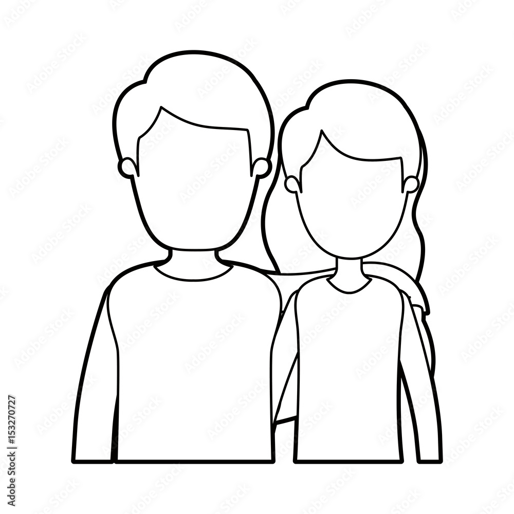black thick contour caricature faceless half body couple woman with short wavy hair and man vector illustration black thick contour caricature faceless half body couple woman with short wavy hair and man vector illustration
